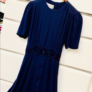 🎒VINTAGE Midi Navy Blue Dress with Buttons